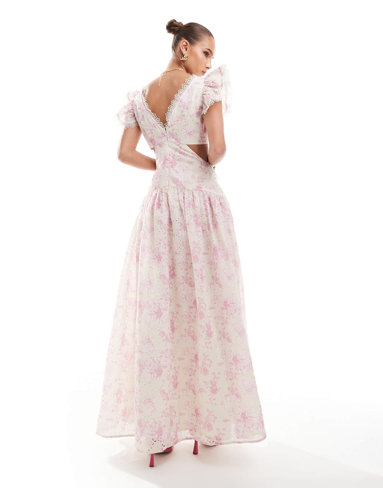 ASOS DESIGN broderie maxi dress with sweetheart neckline in floral print