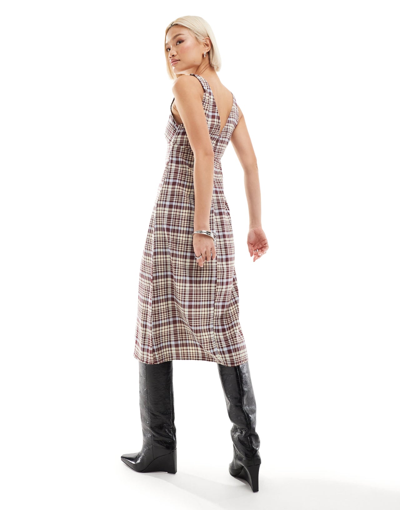 Motel check print v-neck midi dress in multi