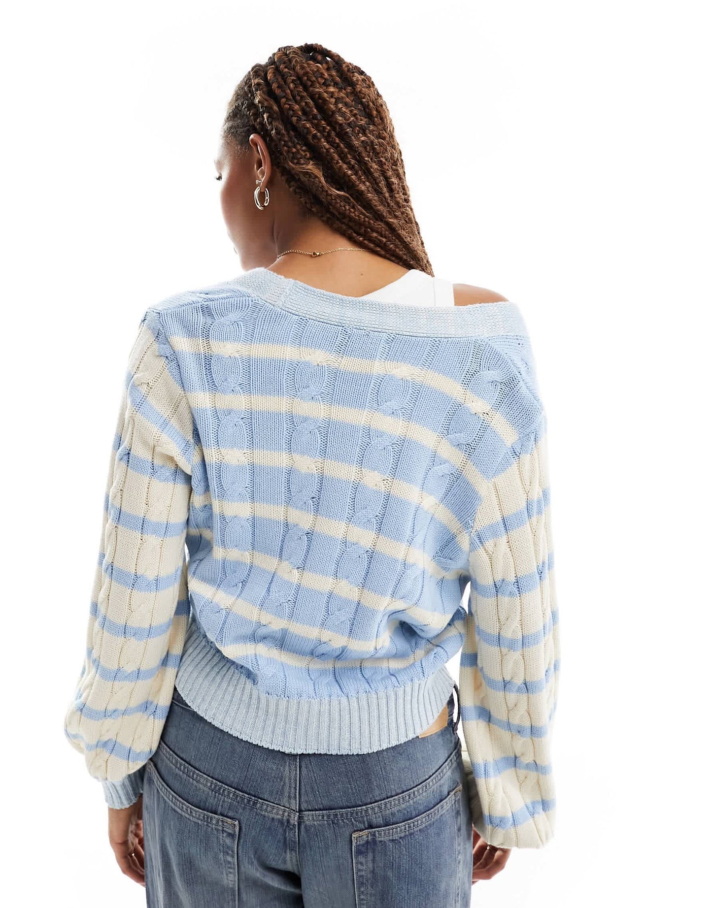 ASOS DESIGN knitted cable cardigan in blue and cream stripe