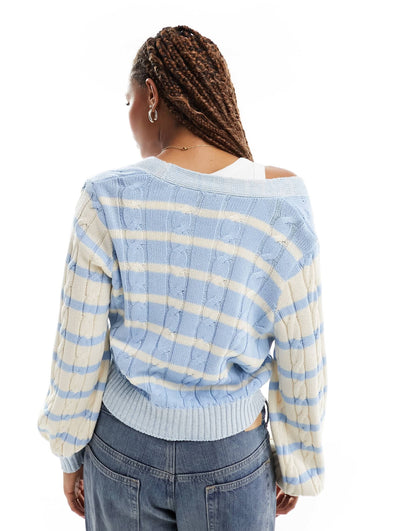 ASOS DESIGN knitted cable cardigan in blue and cream stripe