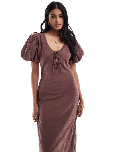 ASOS DESIGN dobby cotton midi dress with keyhole & puffed sleeve in chocolate brown