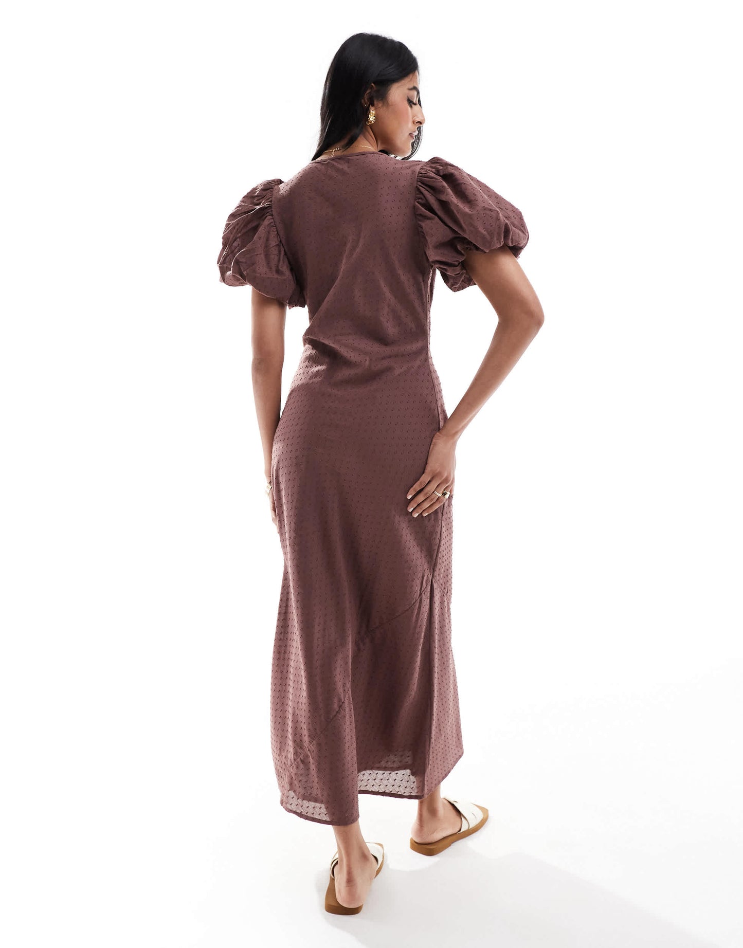 ASOS DESIGN dobby cotton midi dress with keyhole & puffed sleeve in chocolate brown