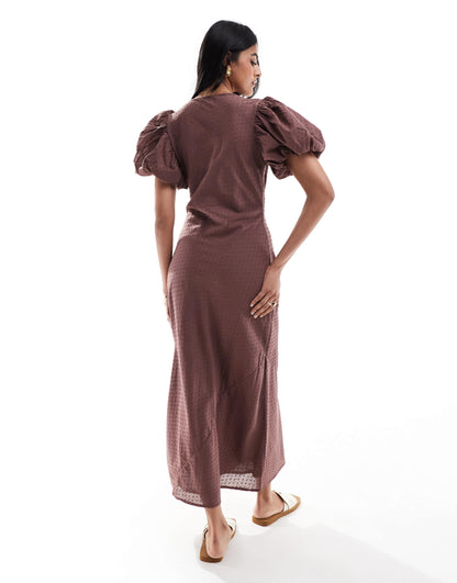 ASOS DESIGN dobby cotton midi dress with keyhole & puffed sleeve in chocolate brown