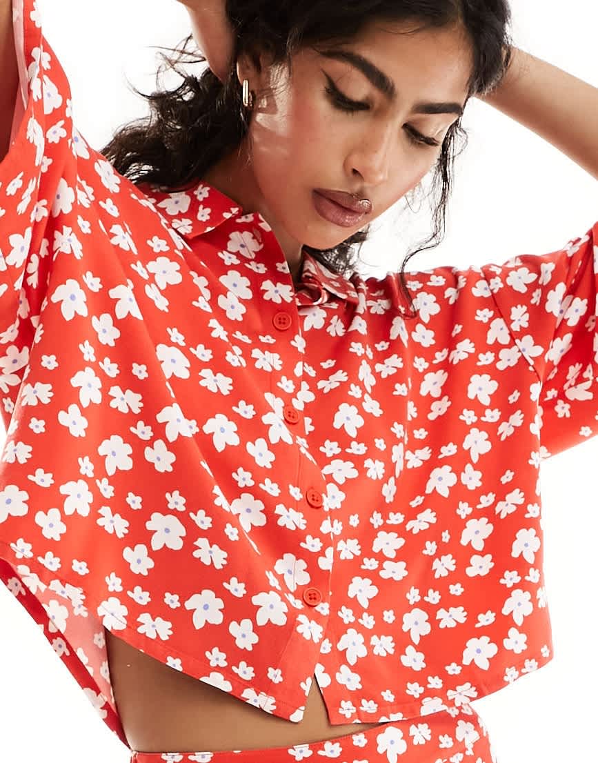 ASOS DESIGN boxy shirt in red floral print