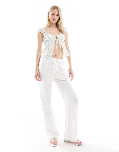 4th & Reckless Tall exclusive linen mix tie waist wide leg trousers in white