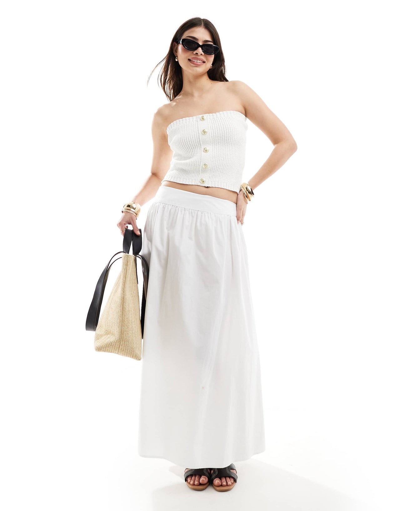 4th & Reckless ribbed knit bandeau gold button detail top in off white