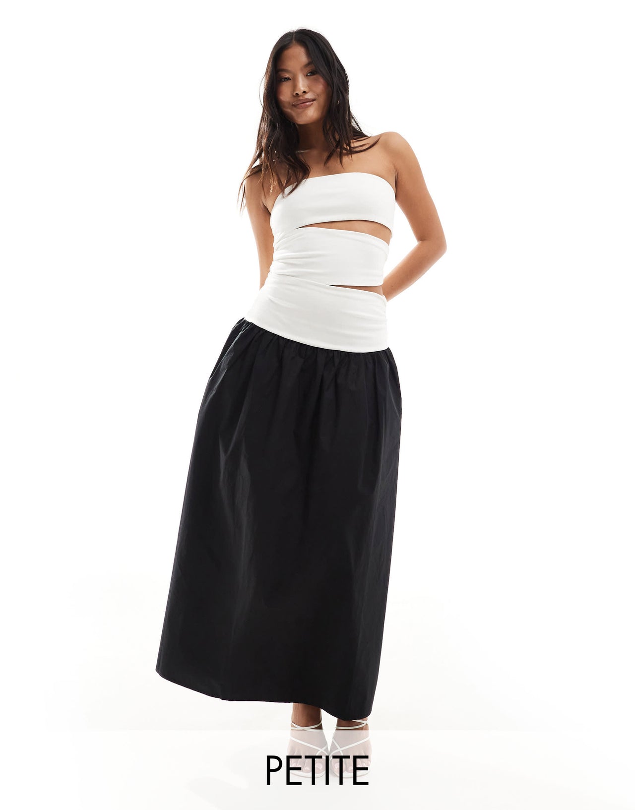 4th & Reckless Petite exclusive bandeau cut out dropped waist maxi dress in monochrome