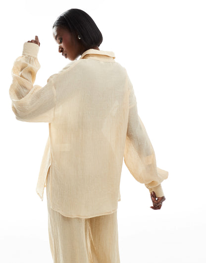 In The Style textured sheer long sleeve shirt co-ord in beige