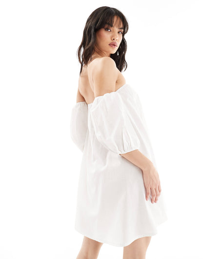 Esmee off shoulder mini puff long sleeve beach dress in white
