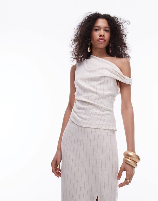 Topshop asymmetric one shoulder top in natural pinstripe