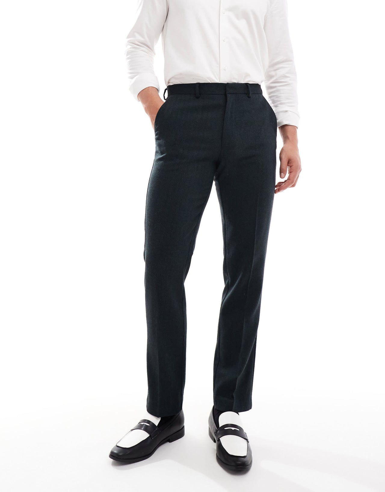 ASOS DESIGN slim fit wool mix suit trouser in herringbone in dark green