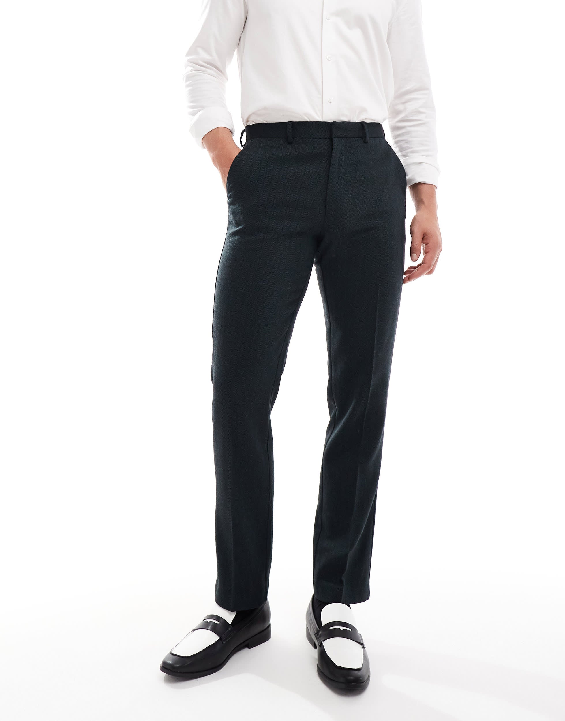 ASOS DESIGN slim fit wool mix suit trouser in herringbone in dark green