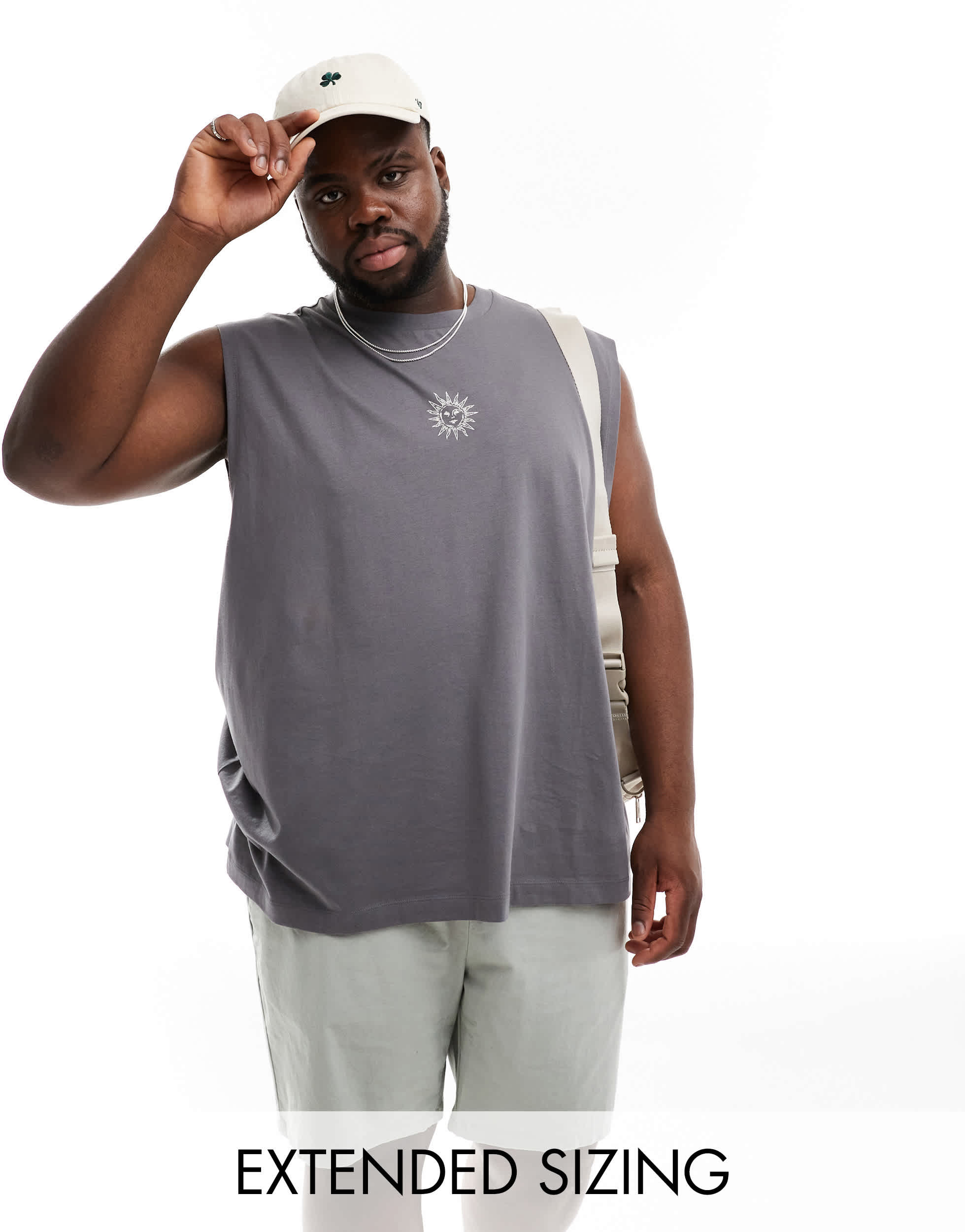 ASOS DESIGN oversized vest in dark grey with celestial chest and back print