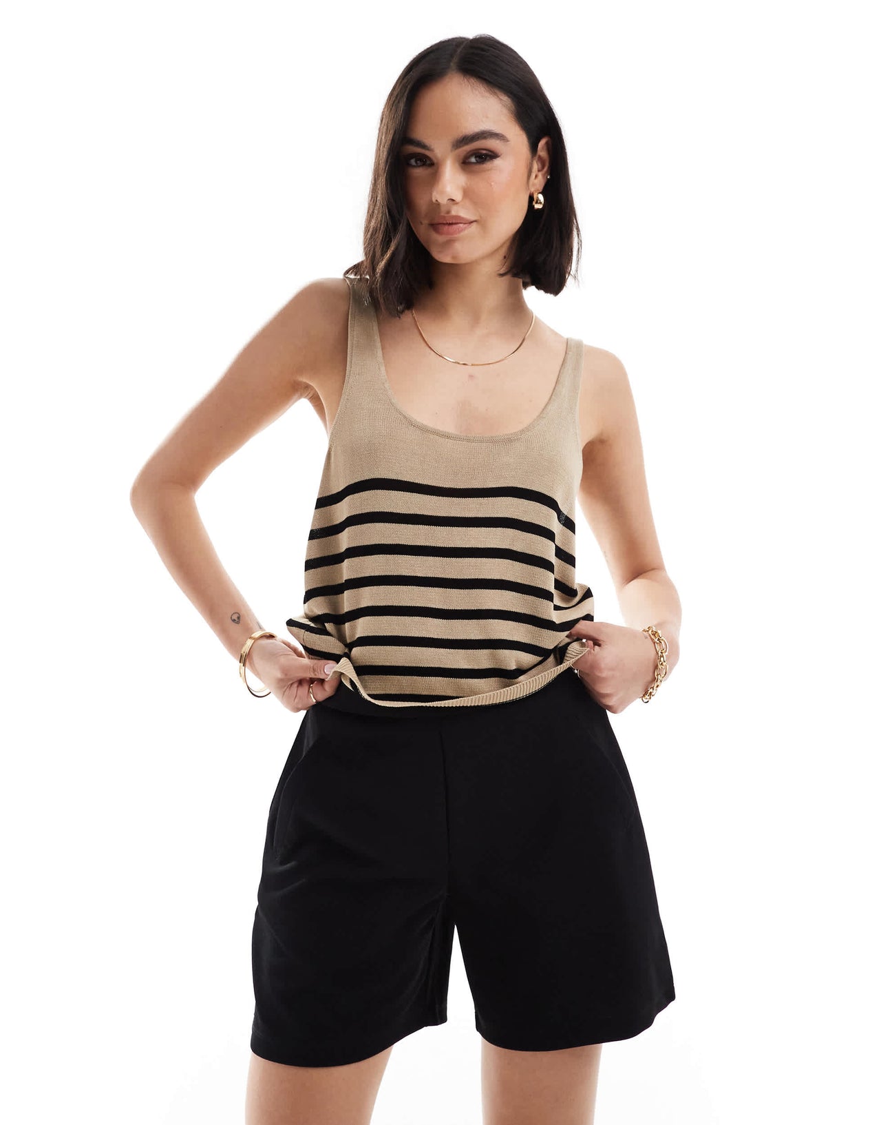 ONLY crop knitted top in beige & black stripe