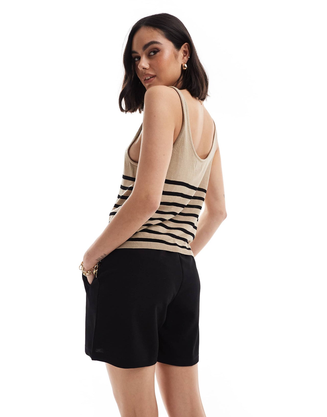 ONLY crop knitted top in beige & black stripe
