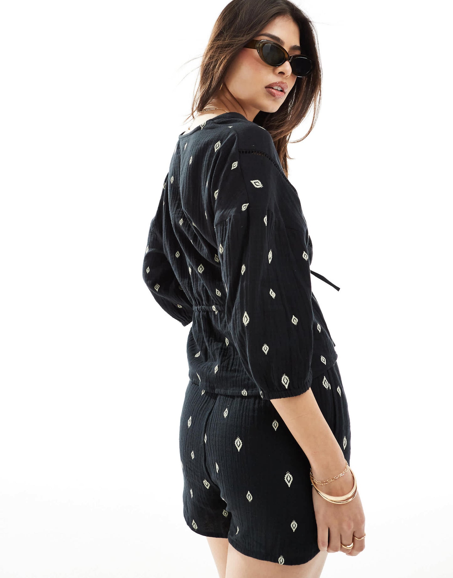 ONLY cotton tie front top co-ord with leaf print in black