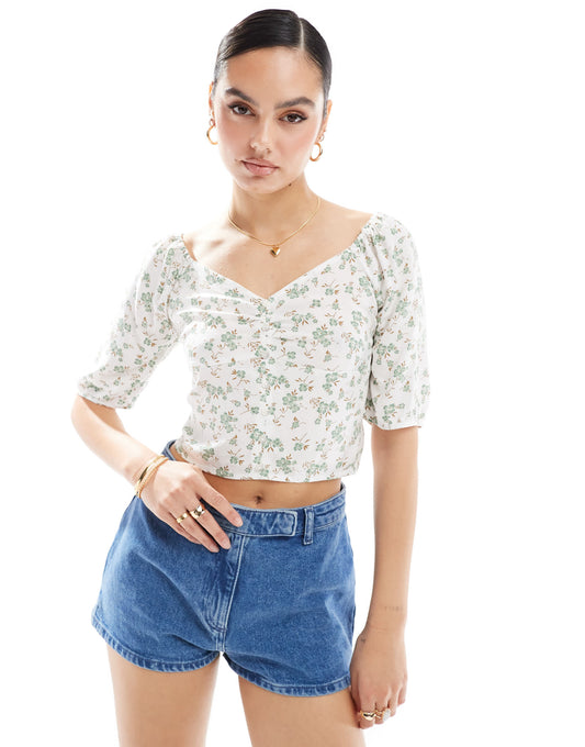 ONLY rushed crop top with floral print in off white