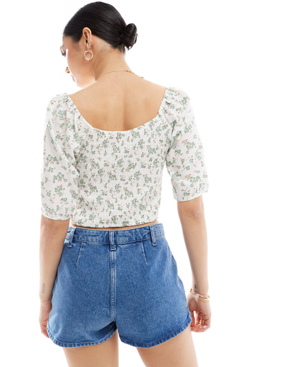 ONLY rushed crop top with floral print in off white