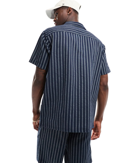 Jack & Jones co-ord revere collar seersucker shirt in navy stripe