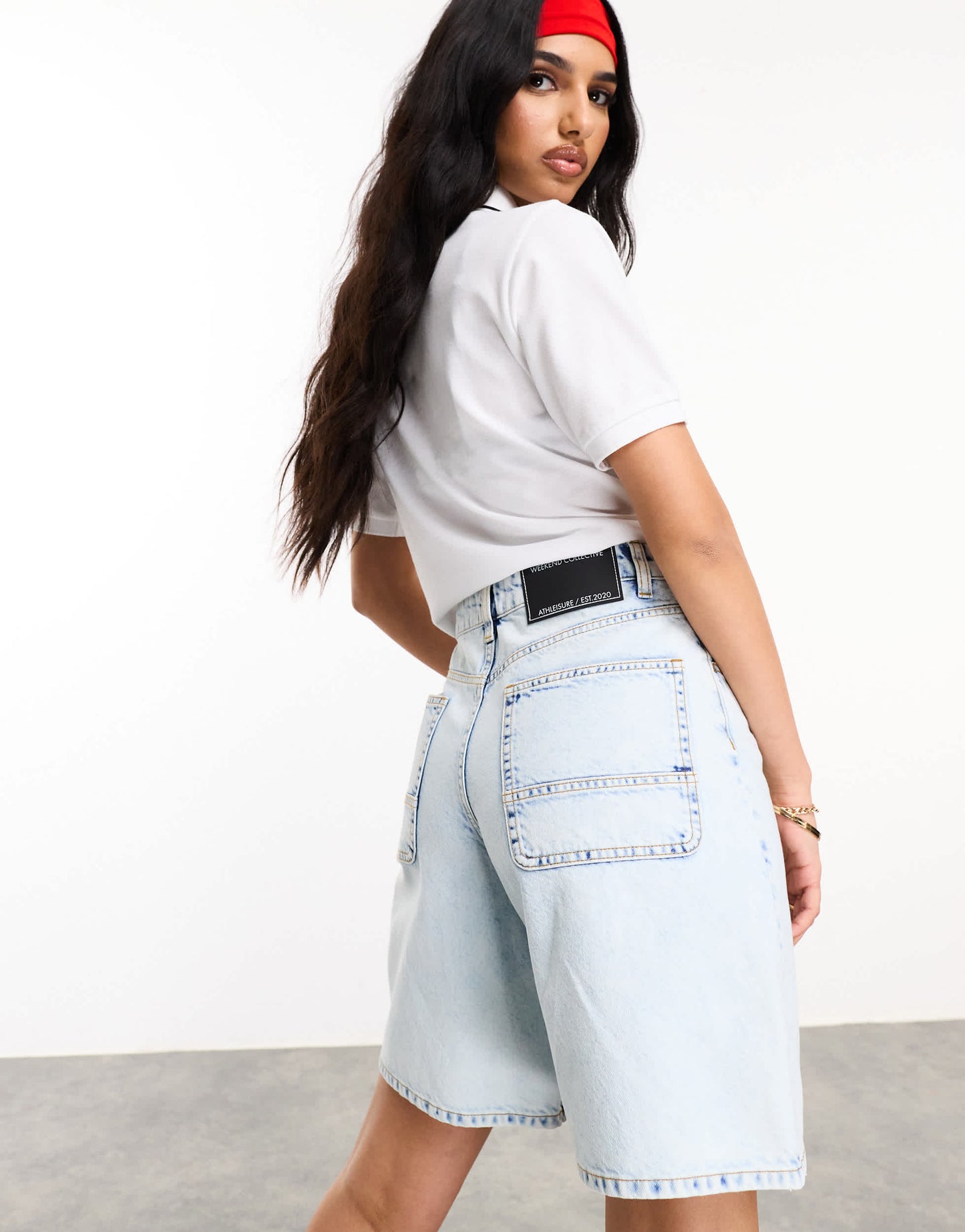 Weekend Collective longline denim shorts in light blue wash