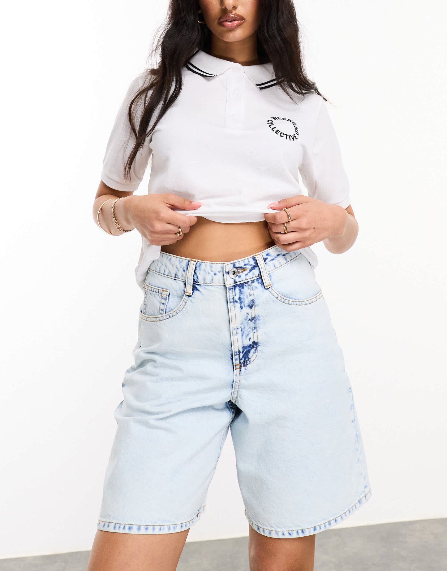Weekend Collective longline denim shorts in light blue wash