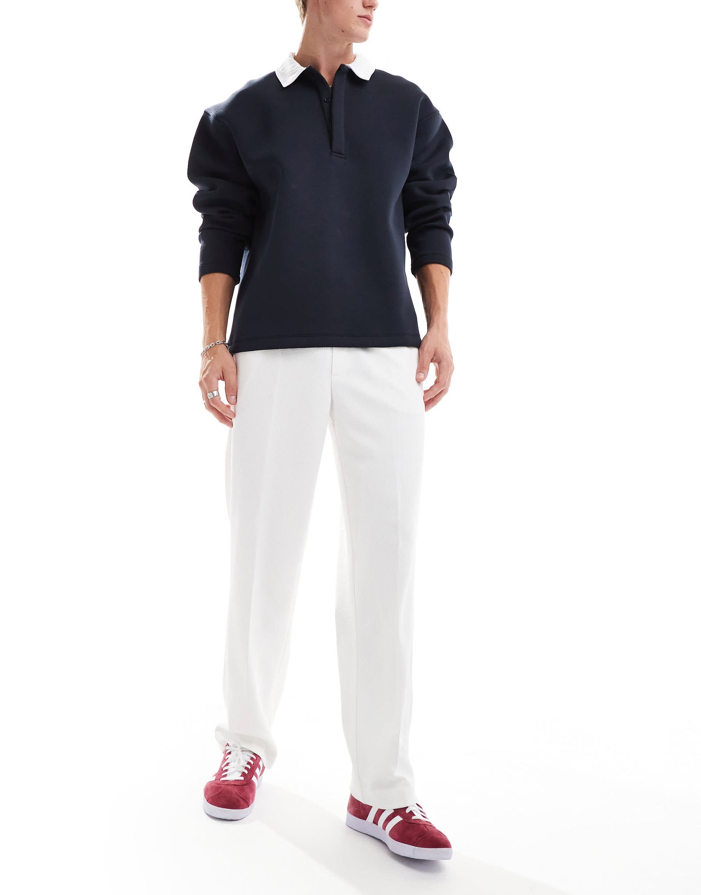 ASOS DESIGN pull on smart straight leg elasticated waist trousers in white texture