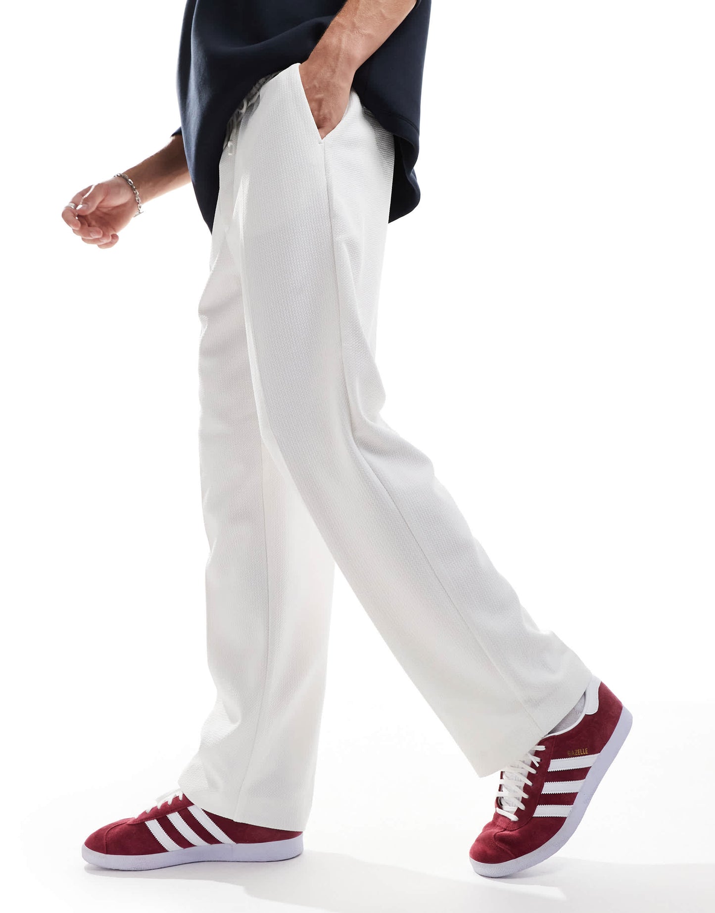 ASOS DESIGN pull on smart straight leg elasticated waist trousers in white texture