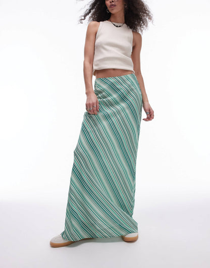 Topshop georgette maxi skirt in green diagonal stripe