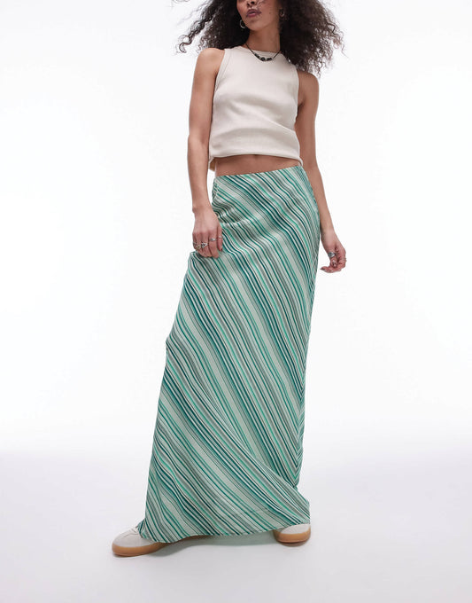 Topshop georgette maxi skirt in green diagonal stripe