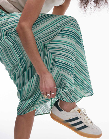 Topshop georgette maxi skirt in green diagonal stripe