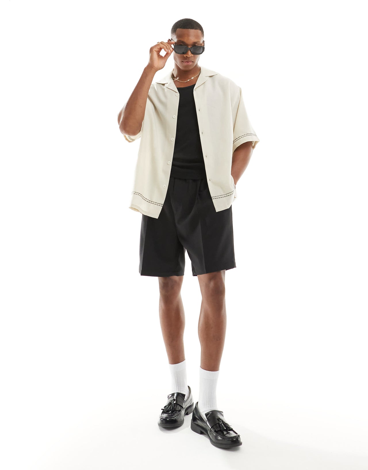 ASOS DESIGN oversized revere shirt with stitching detail in ecru