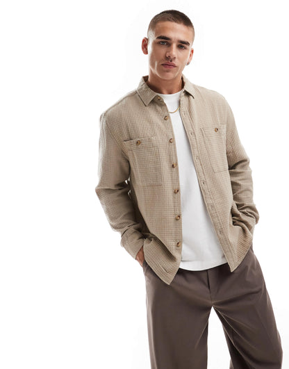ASOS DESIGN overshirt in waffle in stone