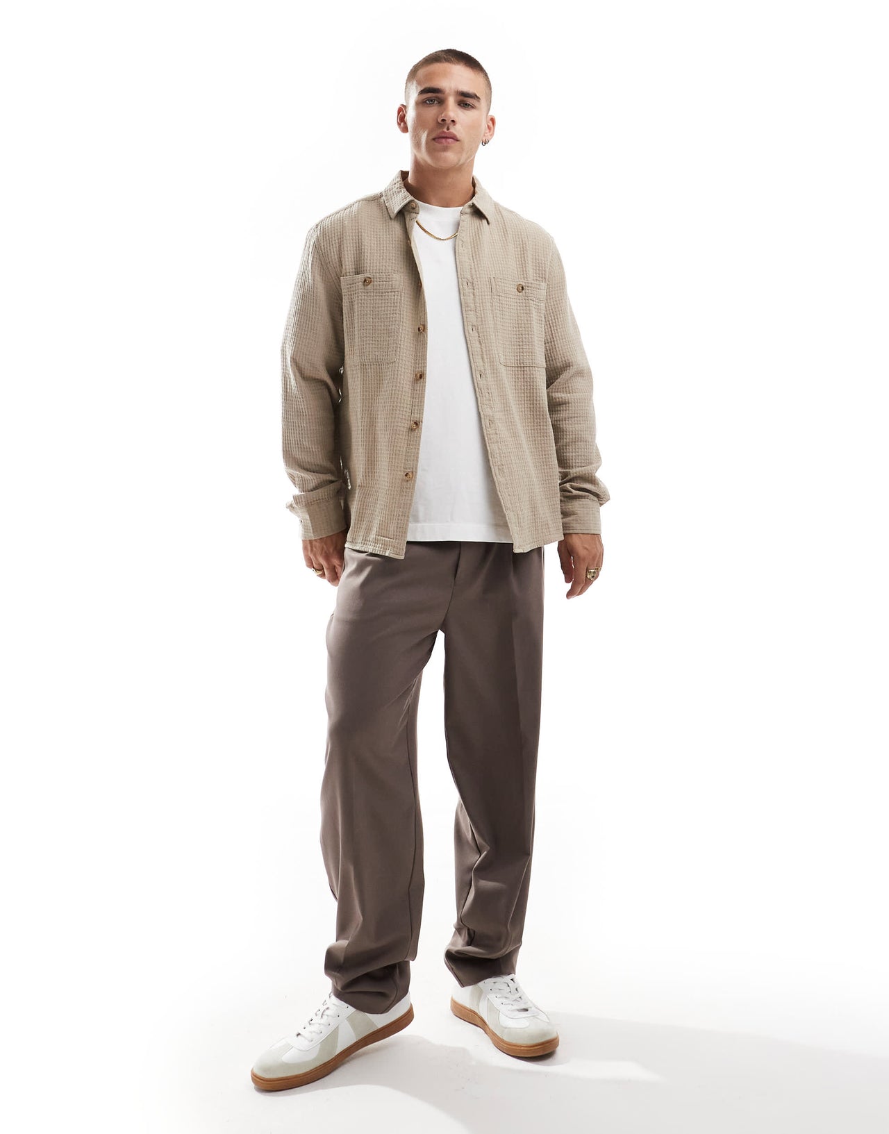 ASOS DESIGN overshirt in waffle in stone