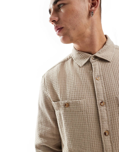 ASOS DESIGN overshirt in waffle in stone