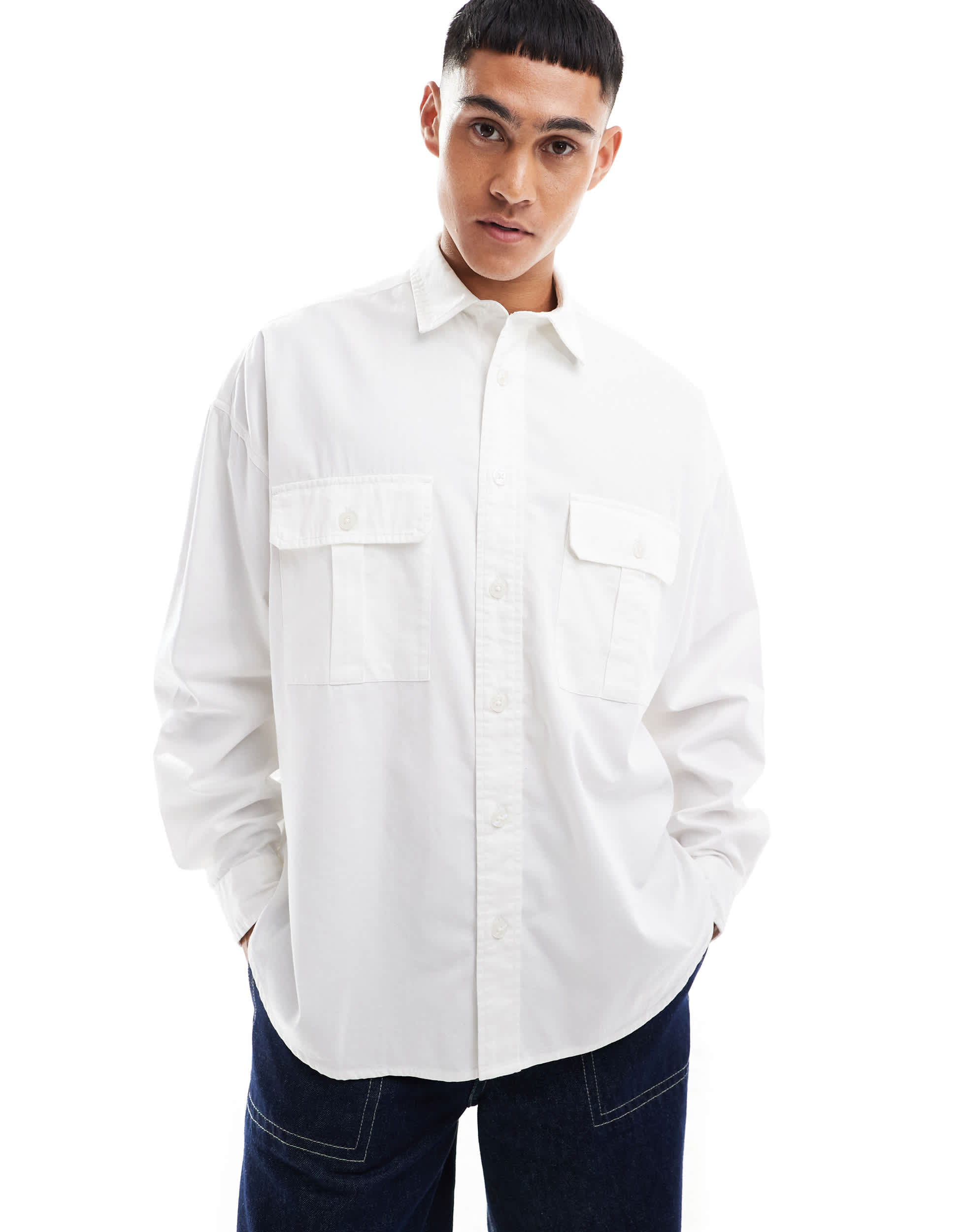 ASOS DESIGN volume oversized shirt with cargo pockets in white