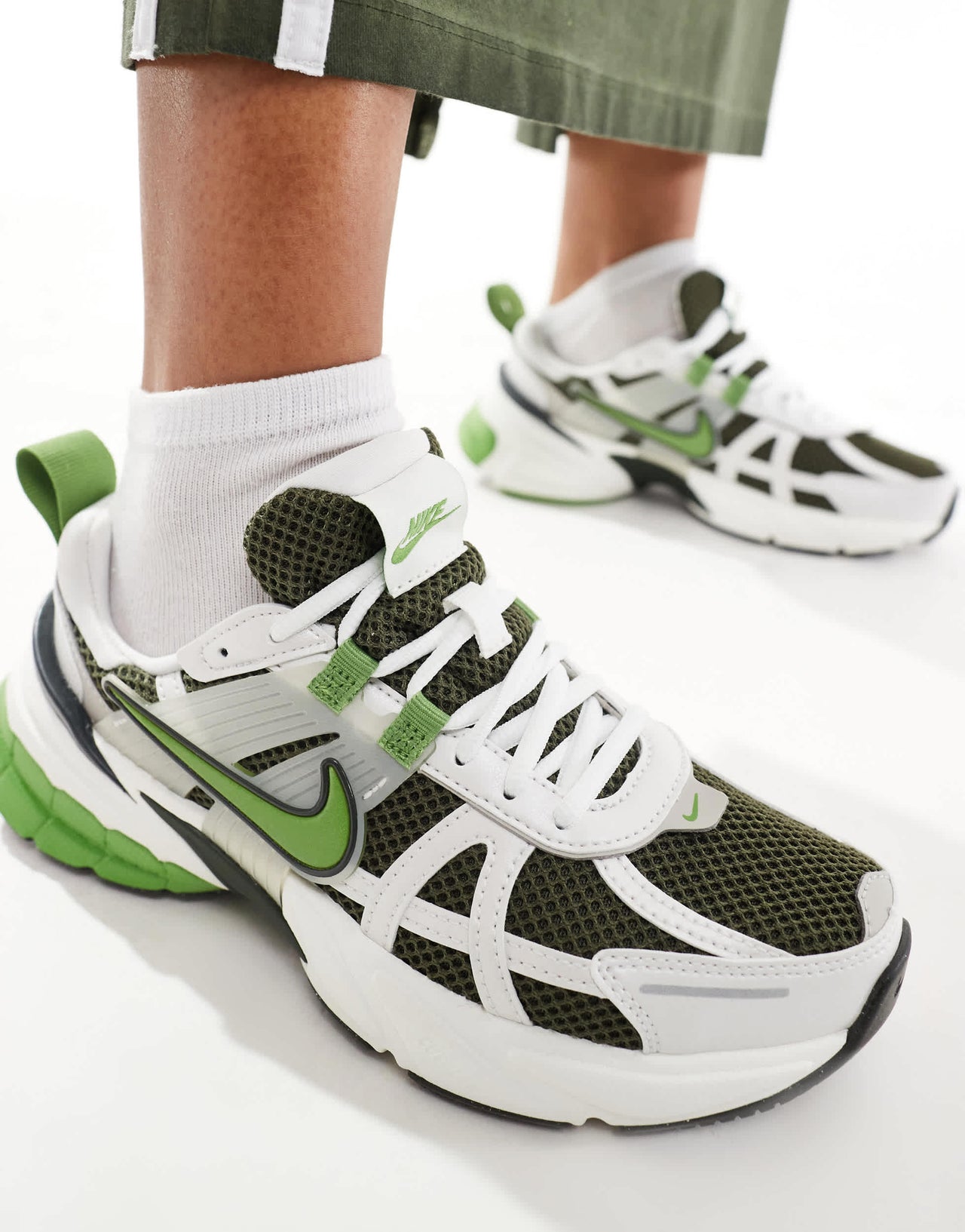 Nike V2K trainers in white and green
