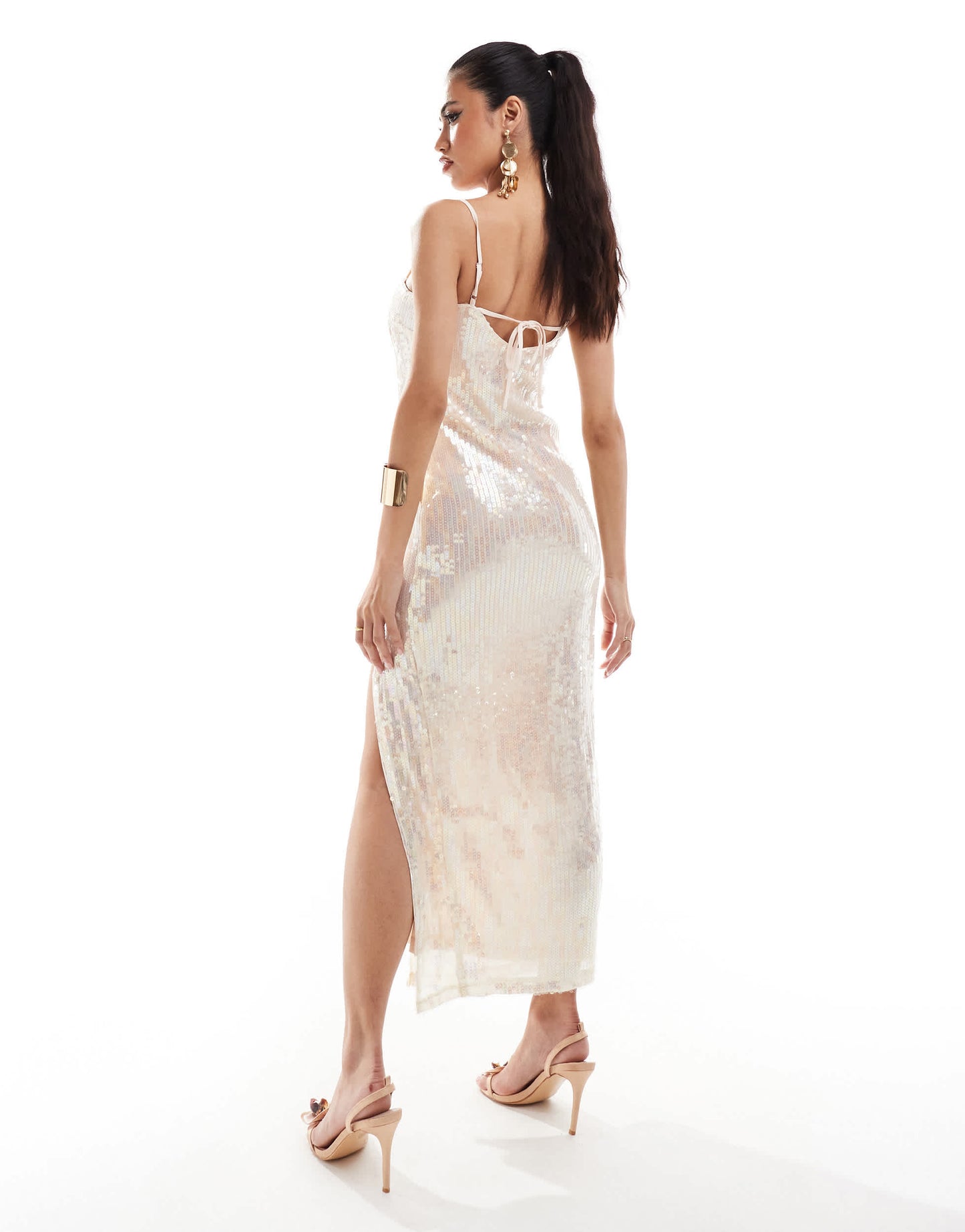 New Look sequin strappy split midi dress in pink