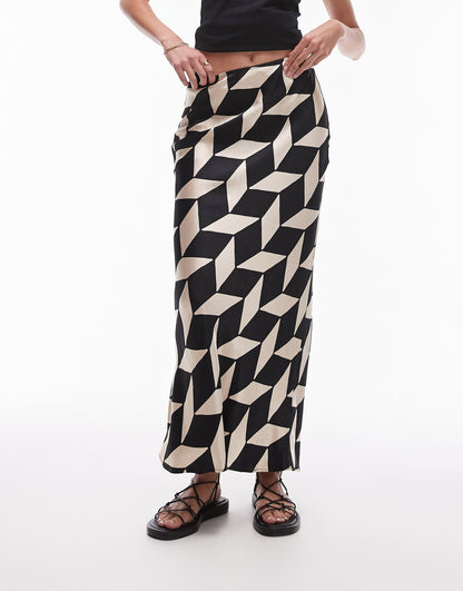 Topshop Tall satin maxi skirt in mono geo print