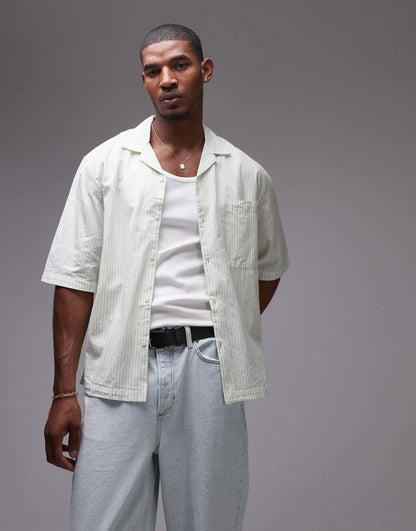Topman short sleeve boxy striped shirt in ecru