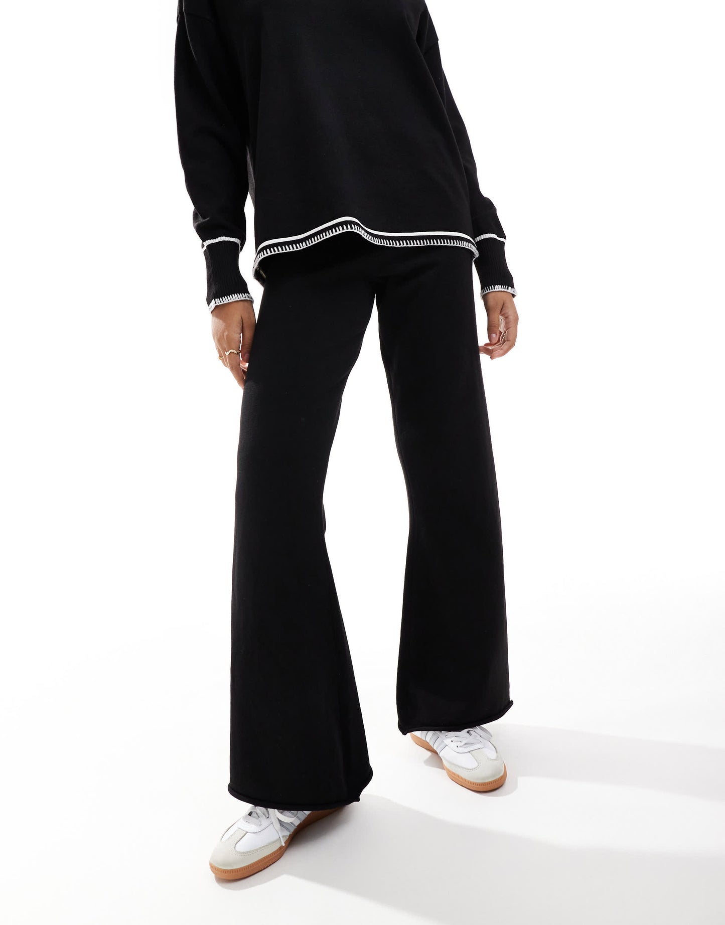 SNDYS knit wide leg trouser with contrast seam co-ord in black