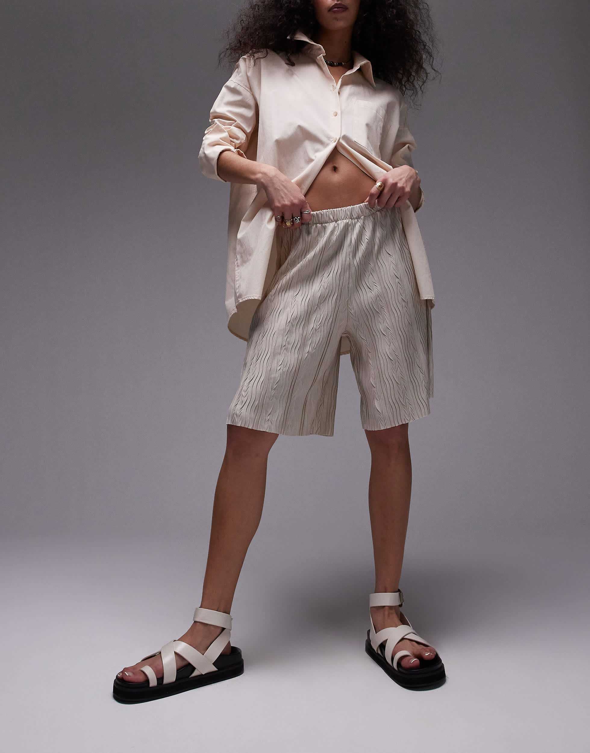 Topshop crinkle plisse wide leg short in stone