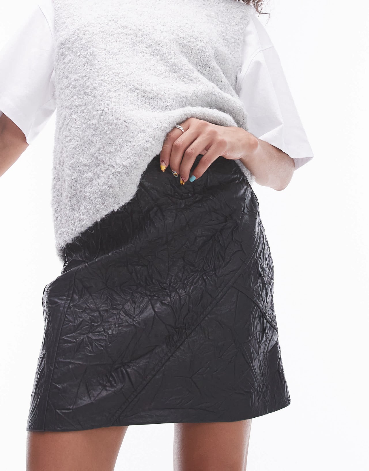 Topshop faux leather crinkle mini skirt in black