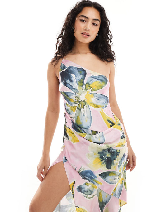 ASOS DESIGN satin one shoulder draped maxi dress with thigh split in floral print
