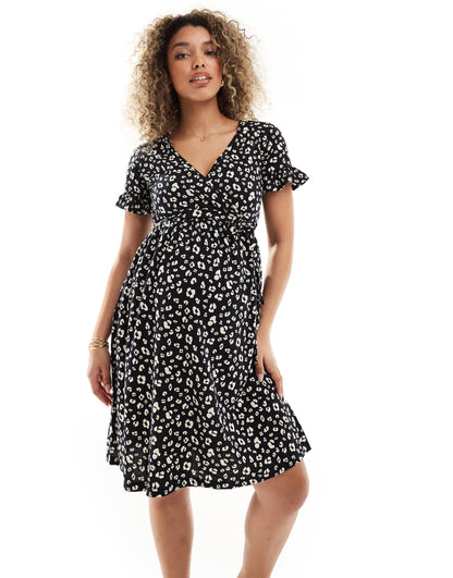 Mamalicious Maternity wrap front midi dress in abstract leopard print
