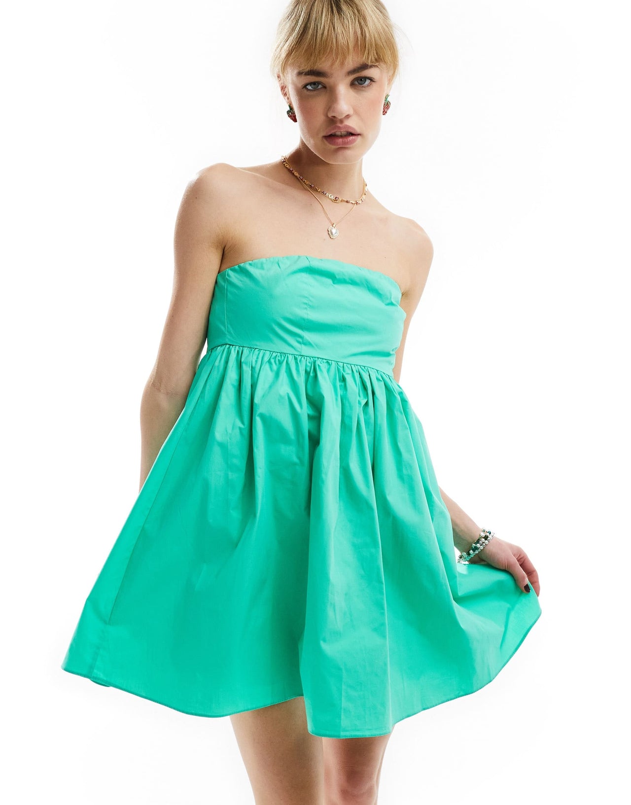 Glamorous bandeau volume mini smock dress in turquoise green