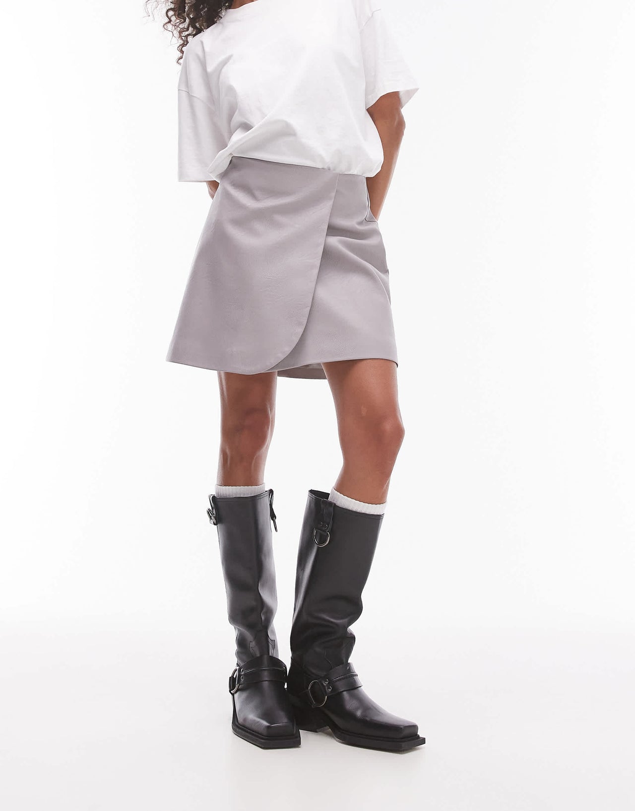 Topshop faux leather wrap mini skirt in dove grey