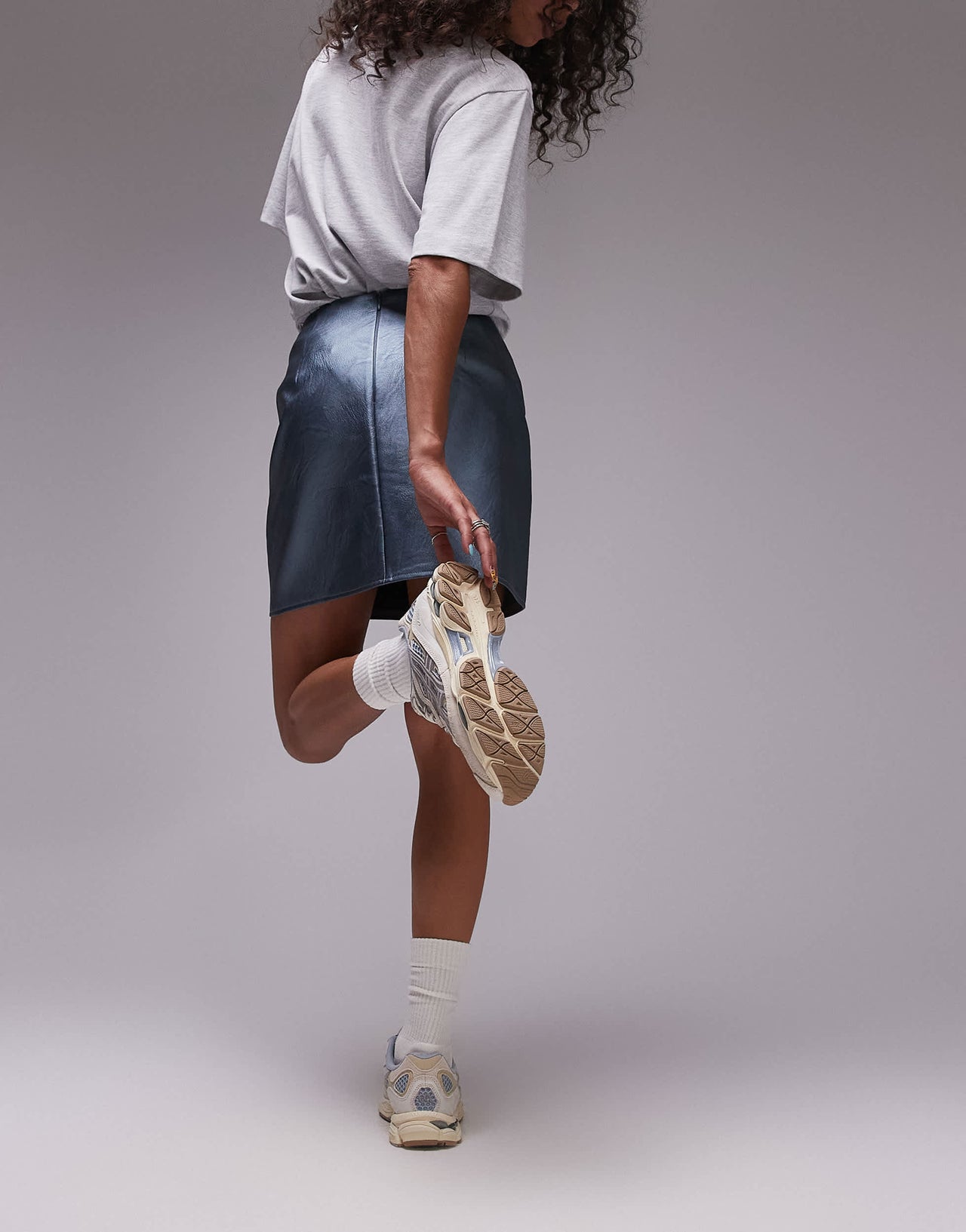 Topshop faux leather panelled seam pelmet skirt in metallic airforce blue