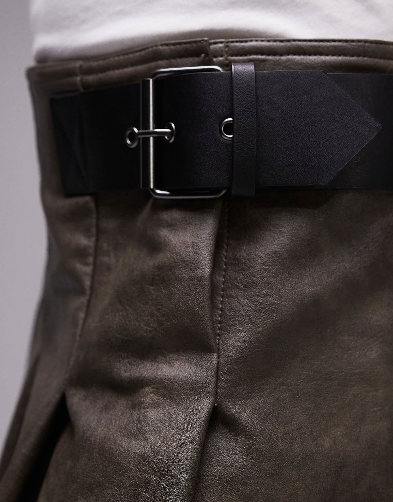 Topshop faux leather pleat low rise mini skirt in washed dark brown