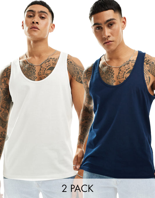 ASOS DESIGN 2 pack vests in navy and white