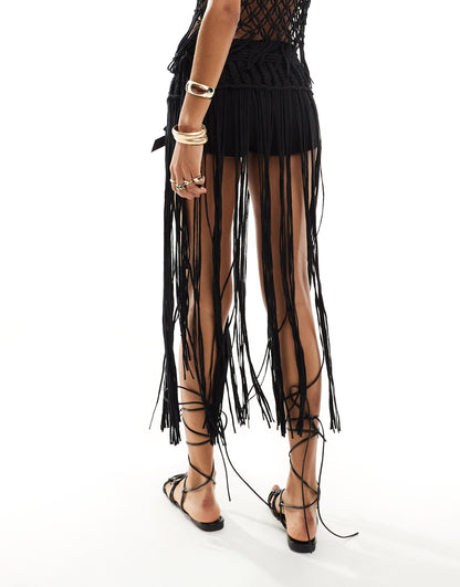 ASOS DESIGN knitted crochet midaxi skirt in black